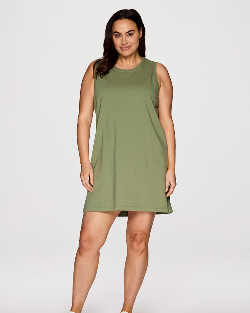 Front of a model wearing a size 2X Plus Seaside French Terry Dress in Olive by RBX Active. | dia_product_style_image_id:348078